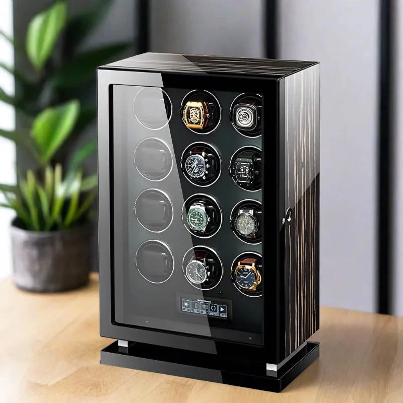 Premium 12 Watch Winder in Zebrano Ebony Wood Piano Lacquer by Aevitas