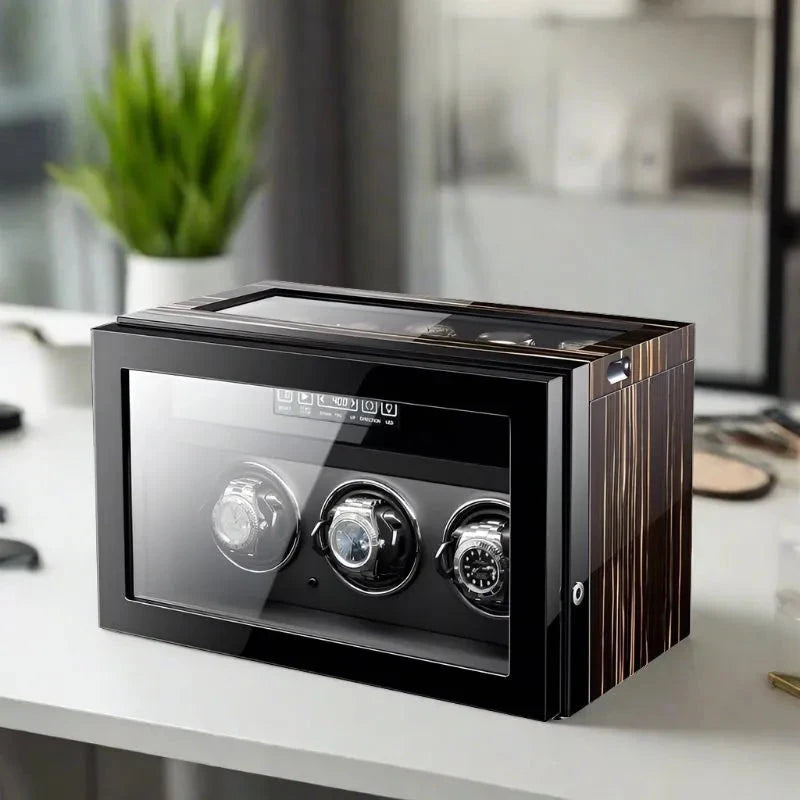 Premium 3 Watch Winder with Storage in Zebrano Ebony Wood by Aevitas