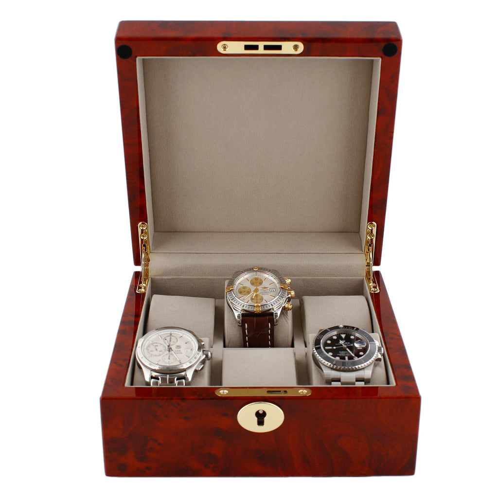 Premium 6 Watch Box in Burl Wanut Wood Piano Gloss Finish with Luxury Lining