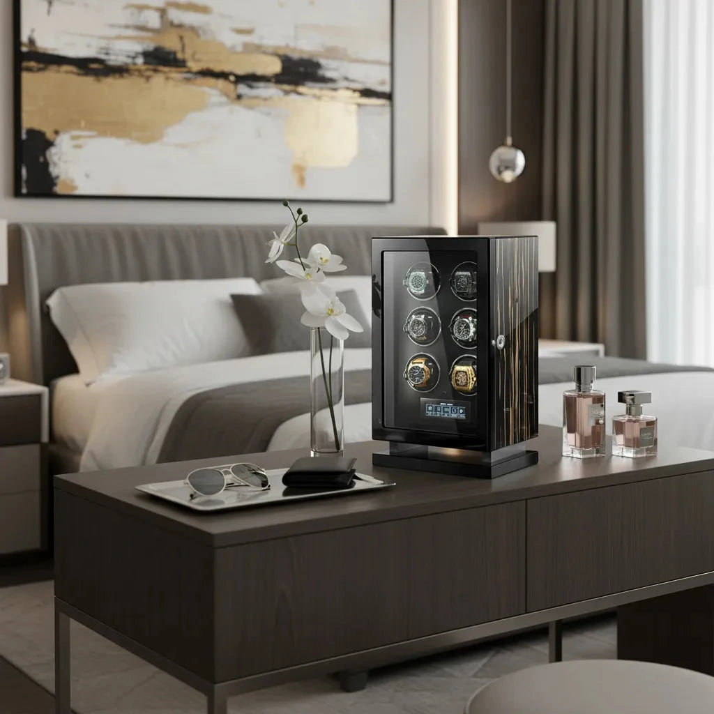 Premium 6 Watch Winder in Zebrano Ebony Wood Piano Lacquer by Aevitas