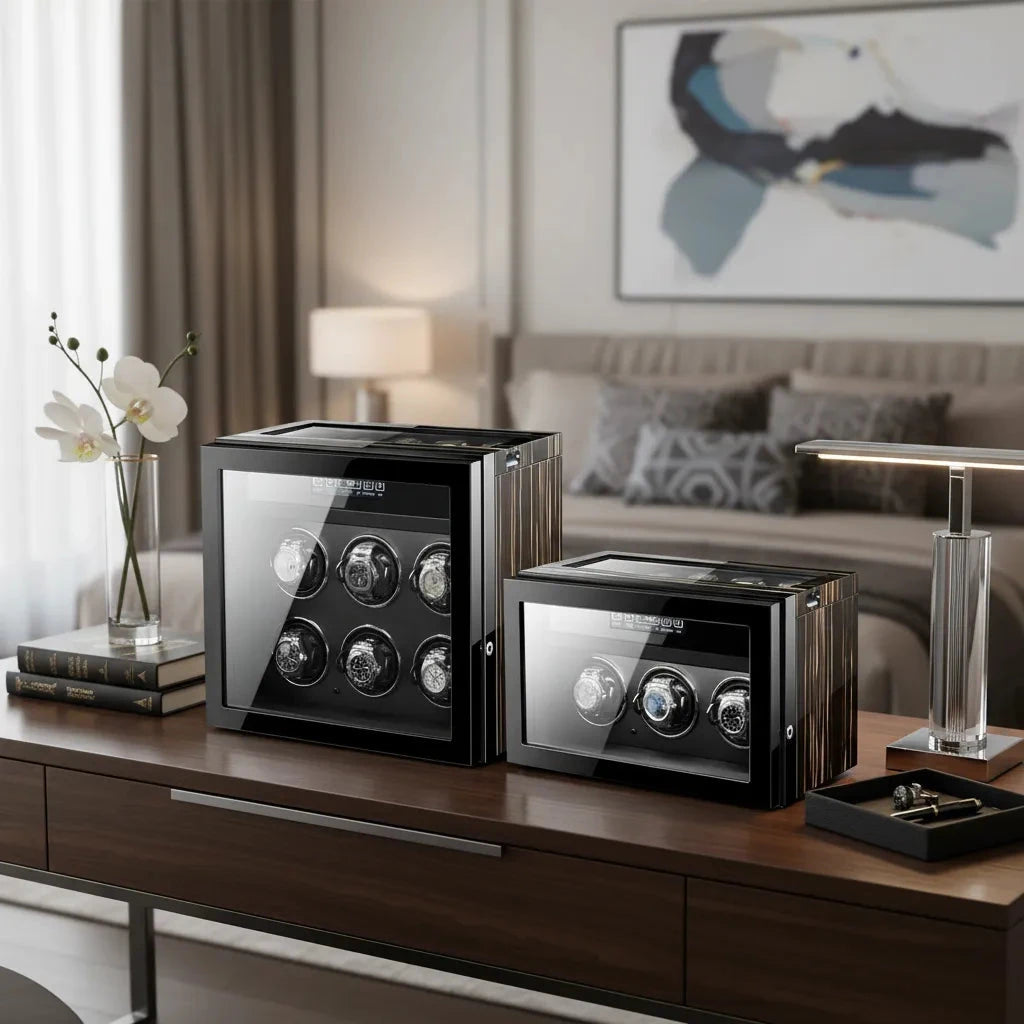 Premium 6 Watch Winder with Storage in Zebrano Ebony Wood by Aevitas