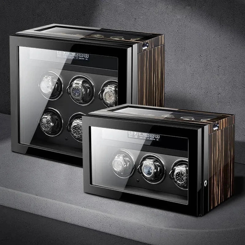 Premium 6 Watch Winder with Storage in Zebrano Ebony Wood by Aevitas