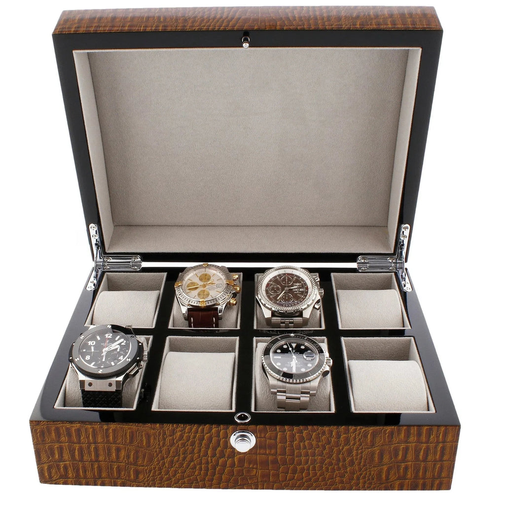 Premium 8 Watch Box in Brown High Gloss Lacquered Crocodile Print Finish by Aevitas