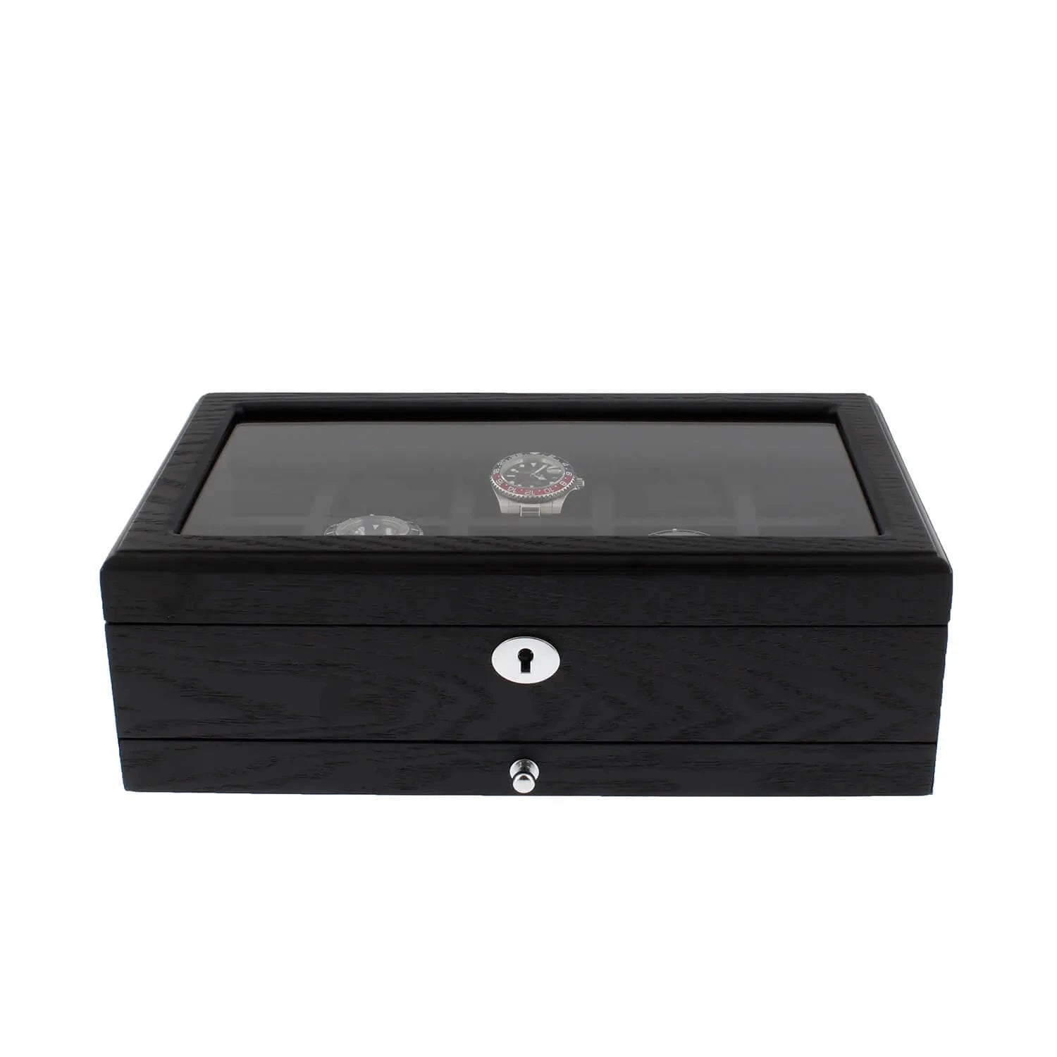 Premium Black Oak Veneer Watch Box for 10 Watches Extra Storage Drawer
