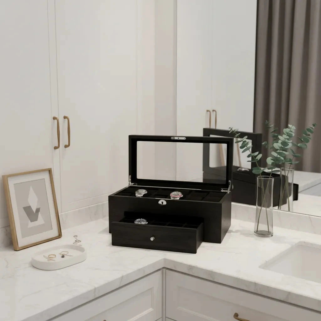 Premium Black Oak Veneer Watch Box for 22 Watches with Drawer