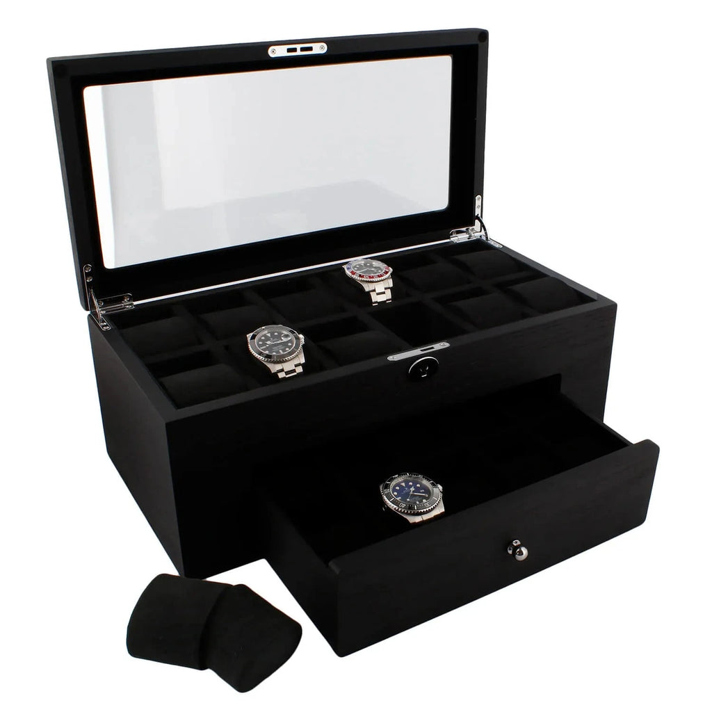 Premium Black Oak Veneer Watch Box for 22 Watches with Drawer