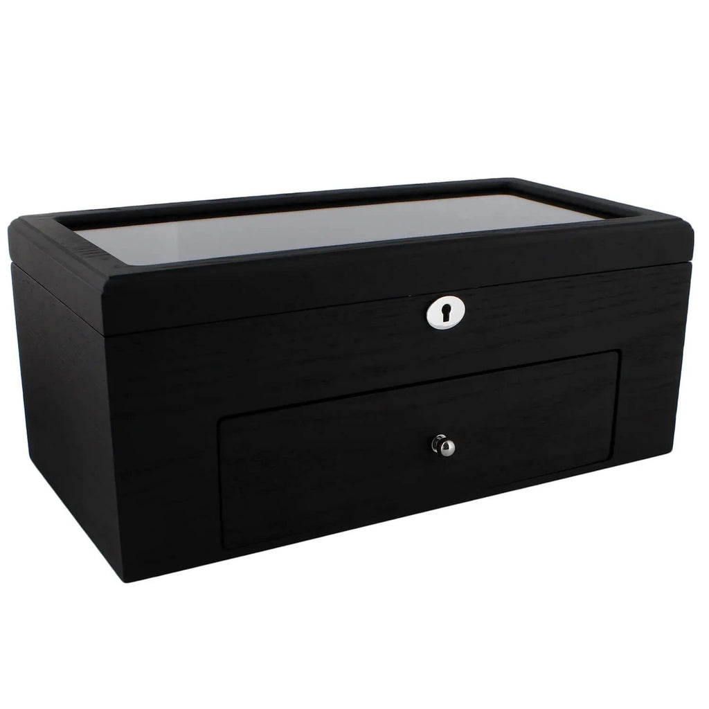 Premium Black Oak Veneer Watch Box for 22 Watches with Drawer