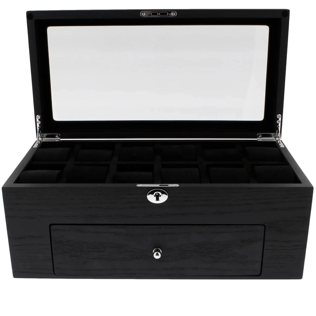 Premium Black Oak Veneer Watch Box for 22 Watches with Drawer