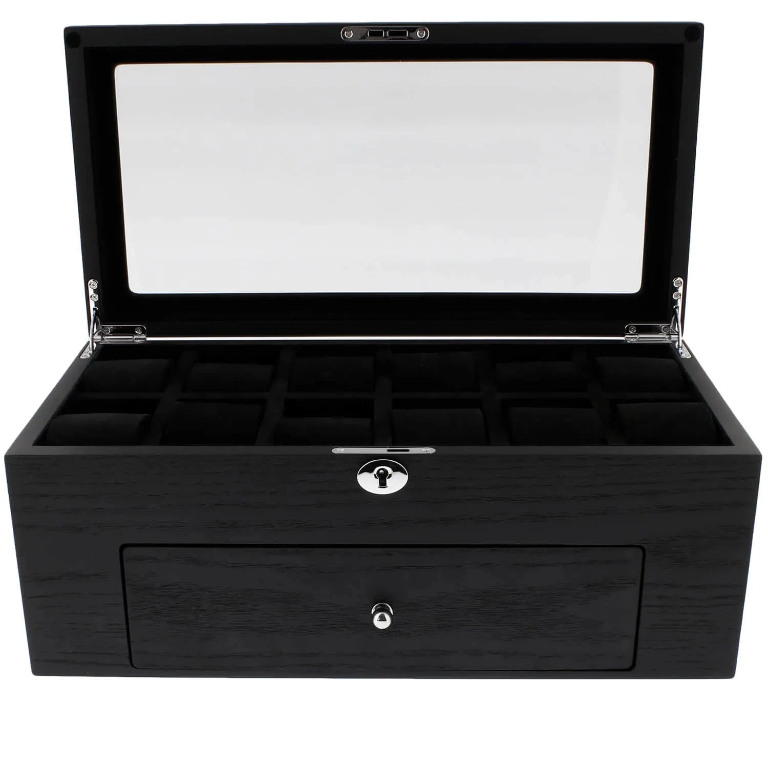 Premium Black Oak Veneer Watch Box for 22 Watches with Drawer