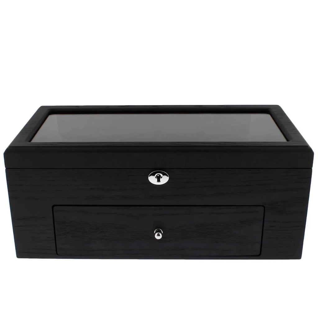 Premium Black Oak Veneer Watch Box for 22 Watches with Drawer