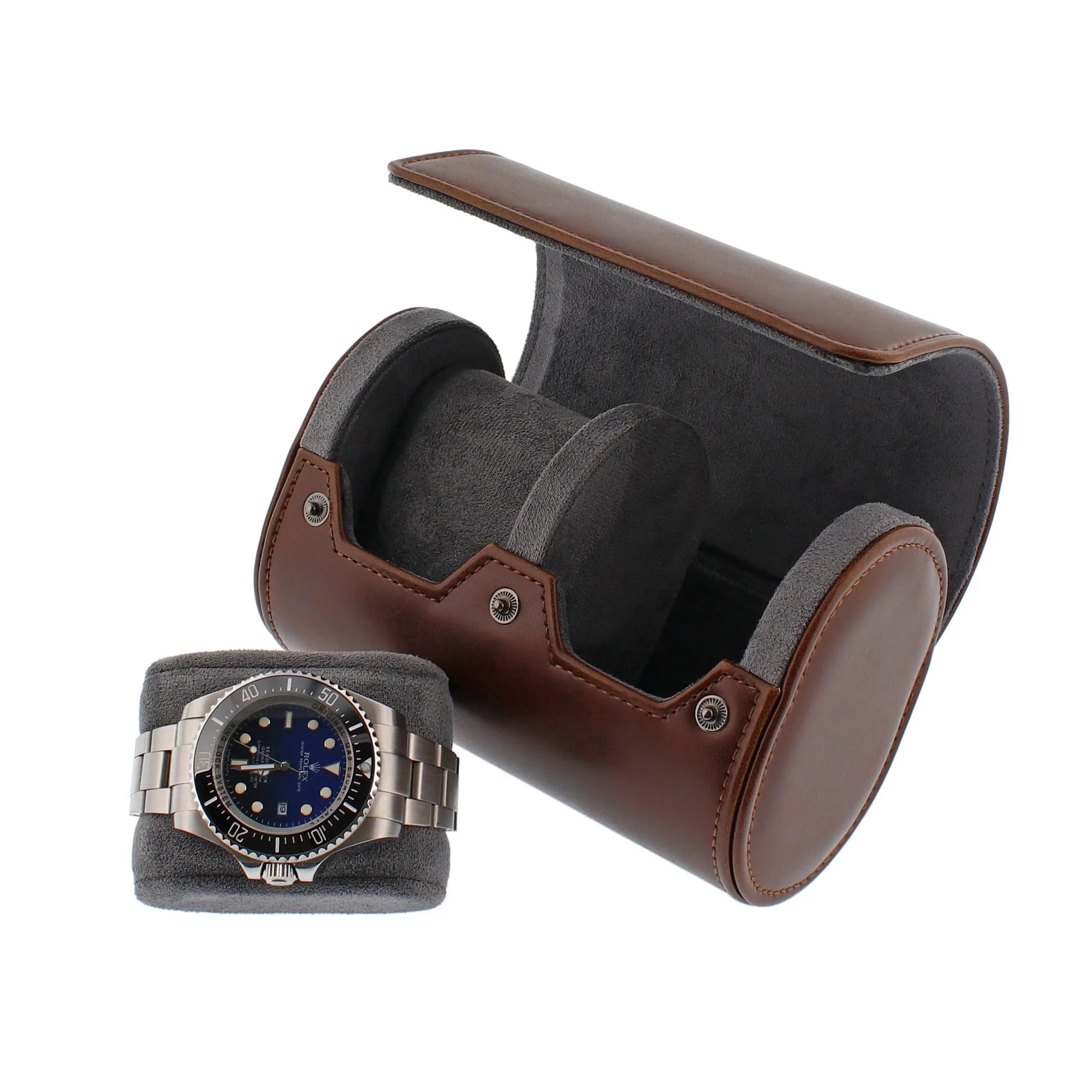 Premium Double Watch Roll Vintage Brown Leather Super Soft Grey Suede Lining