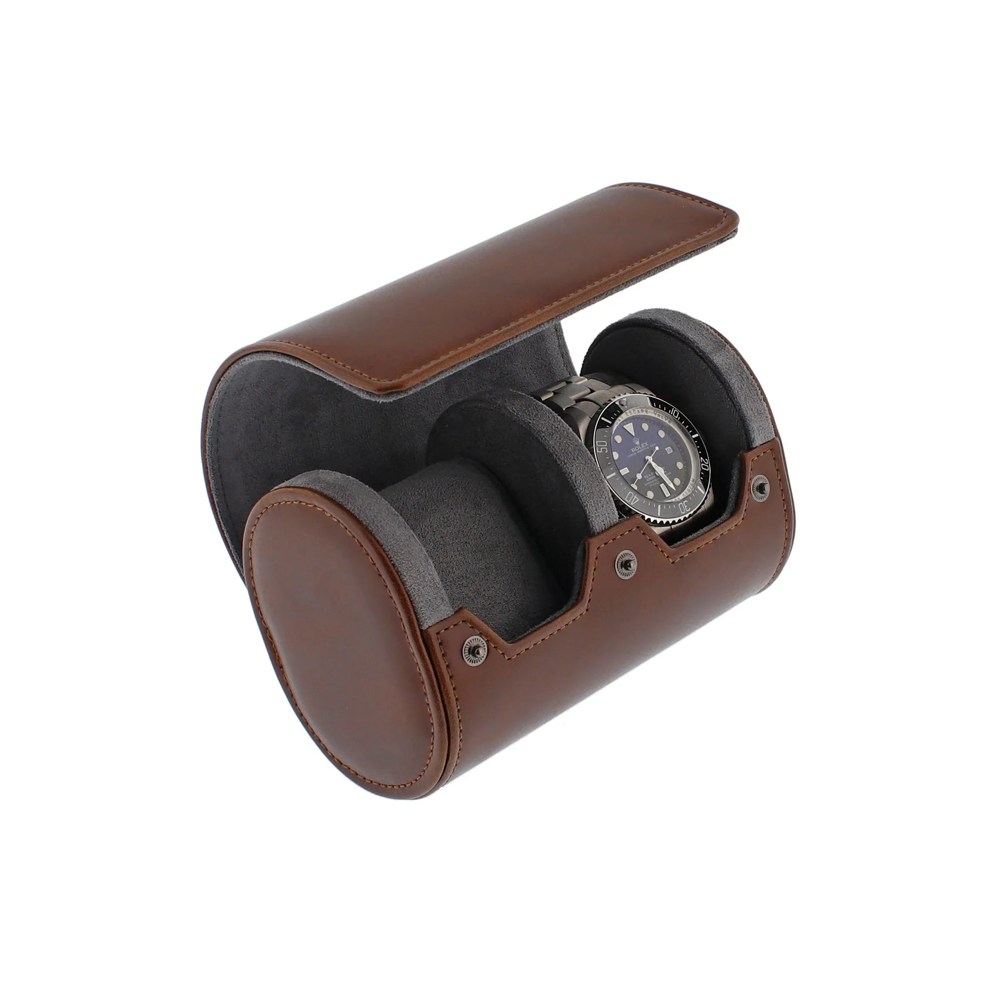 Premium Double Watch Roll Vintage Brown Leather Super Soft Grey Suede Lining