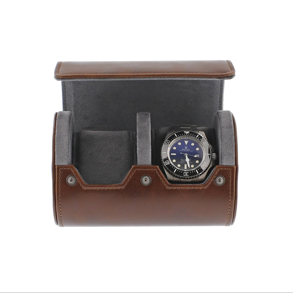 Premium Double Watch Roll Vintage Brown Leather Super Soft Grey Suede Lining