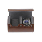 Premium Double Watch Roll Vintage Brown Leather Super Soft Grey Suede Lining
