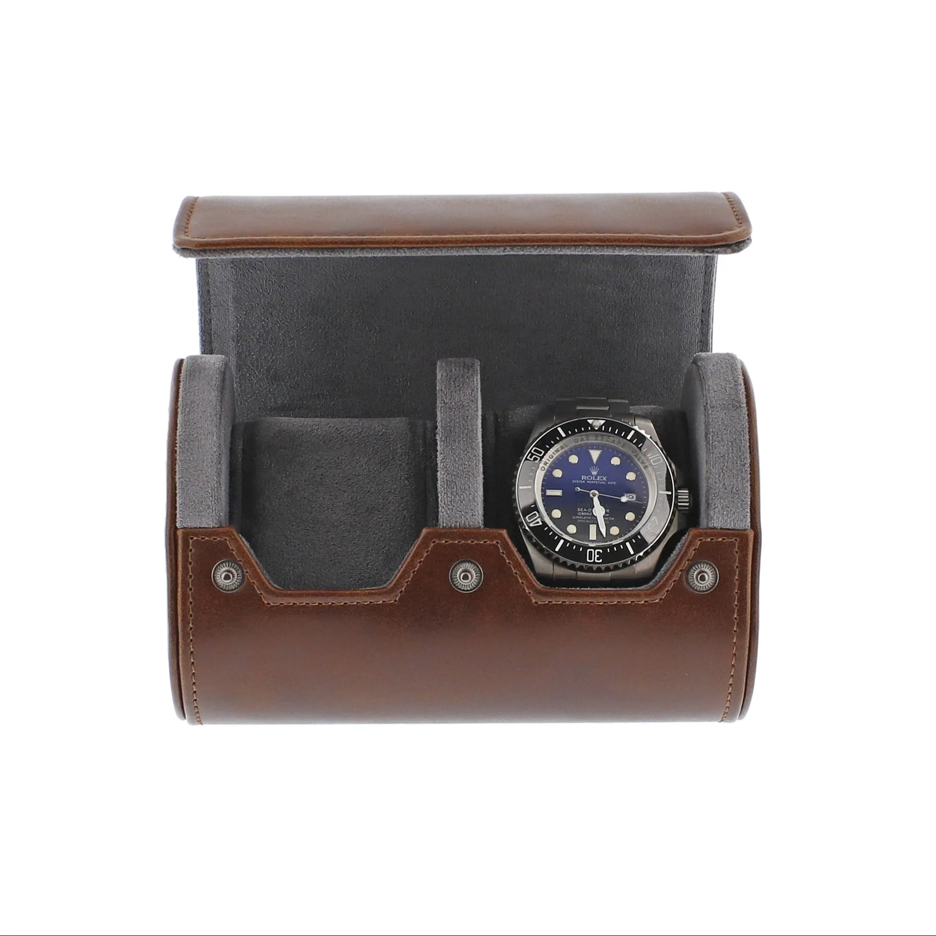Premium Double Watch Roll Vintage Brown Leather Super Soft Grey Suede Lining