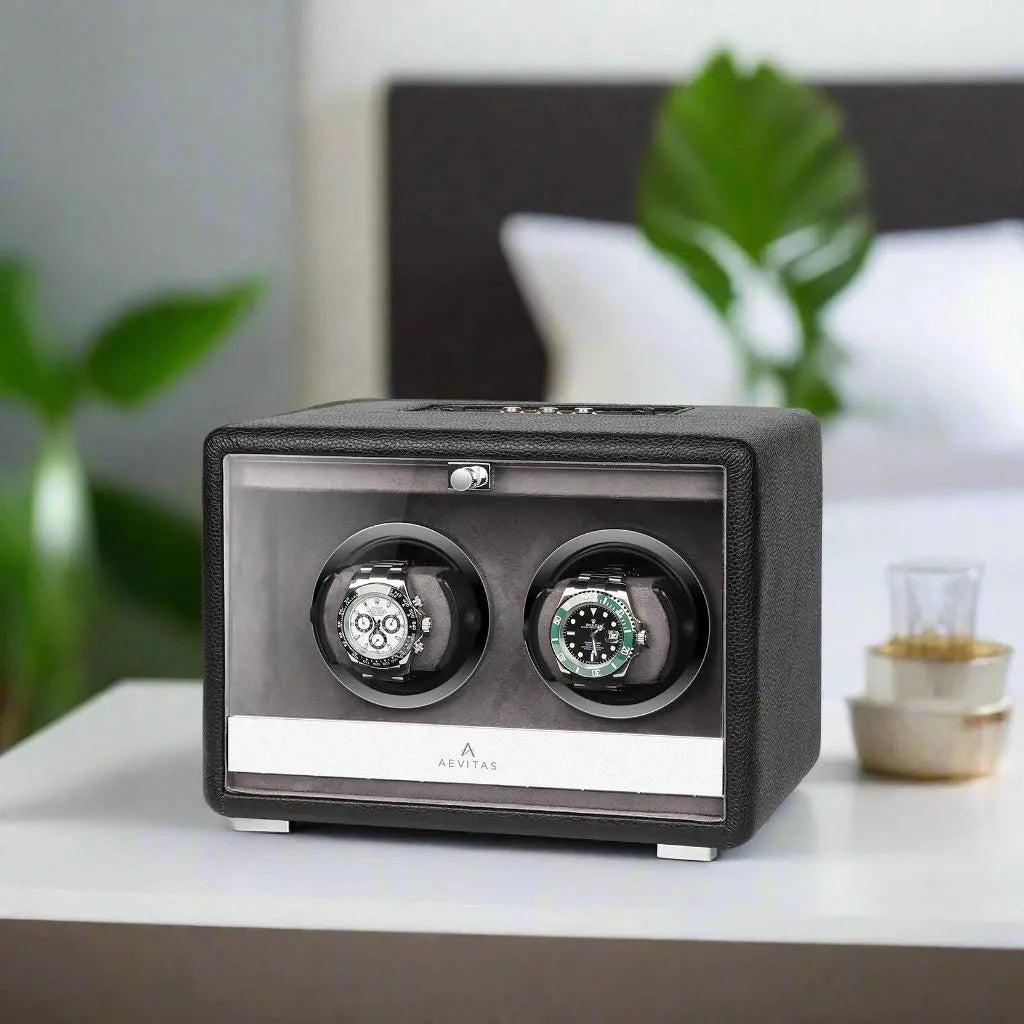Premium Dual Watch Winder Black Genuine Leather Mains Powered by Aevitas