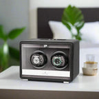 Premium Dual Watch Winder Black Genuine Leather Mains Powered by Aevitas