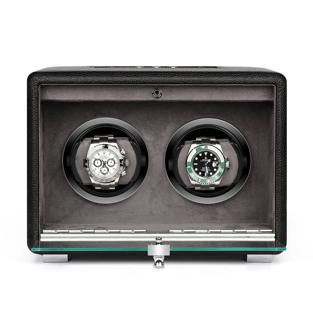 Premium Dual Watch Winder Black Genuine Leather Mains Powered by Aevitas