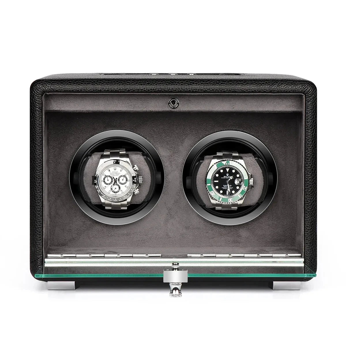 Premium Dual Watch Winder Black Genuine Leather Mains Powered by Aevitas