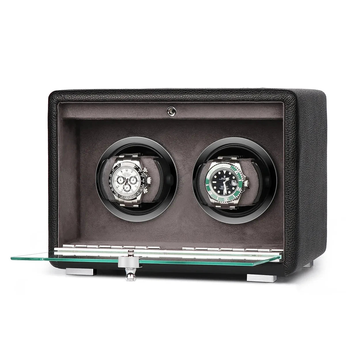 Premium Dual Watch Winder Black Genuine Leather Mains Powered by Aevitas