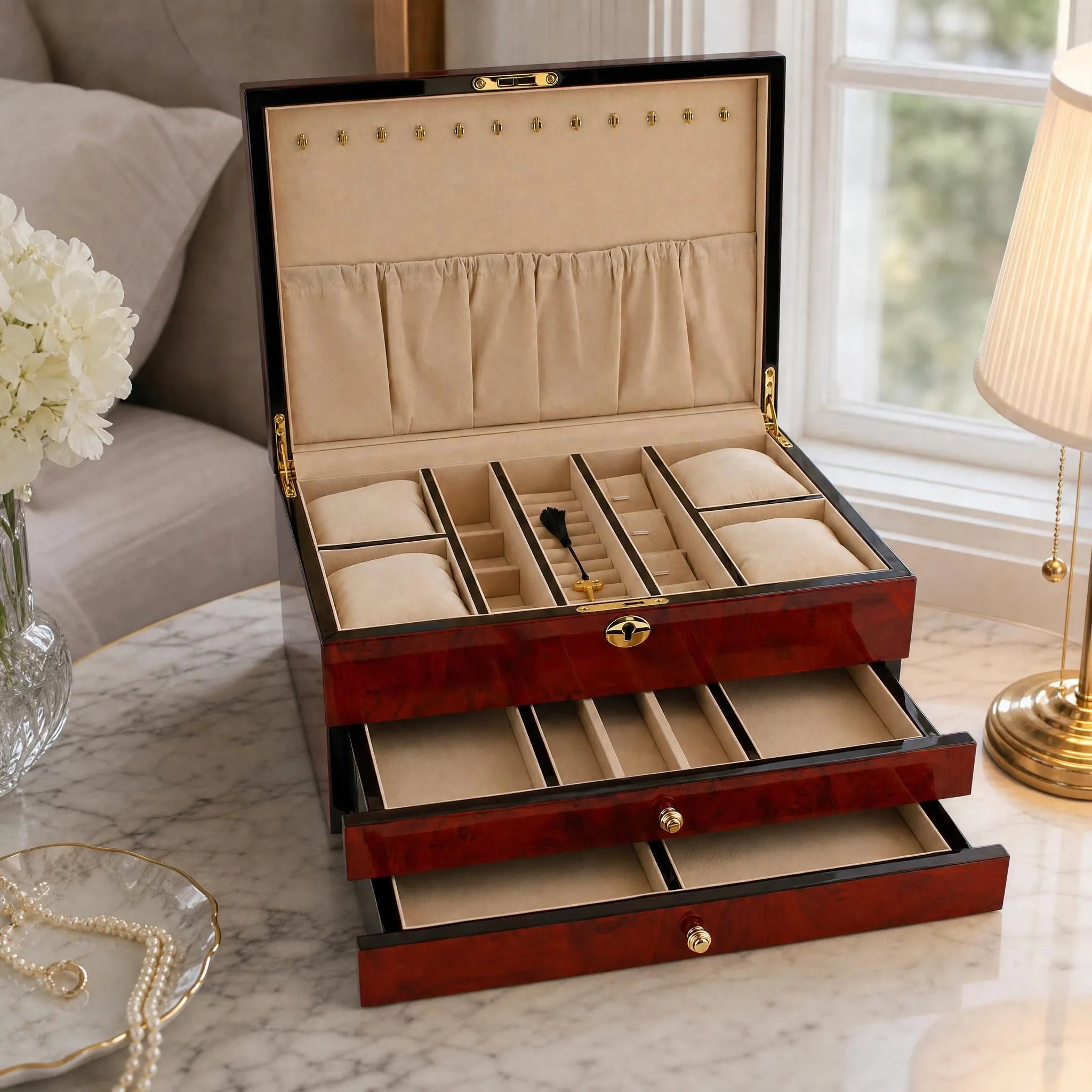 Jewellery box in a bedroom setting on marble tabletop, open to show spacious interior and plush camel lining.