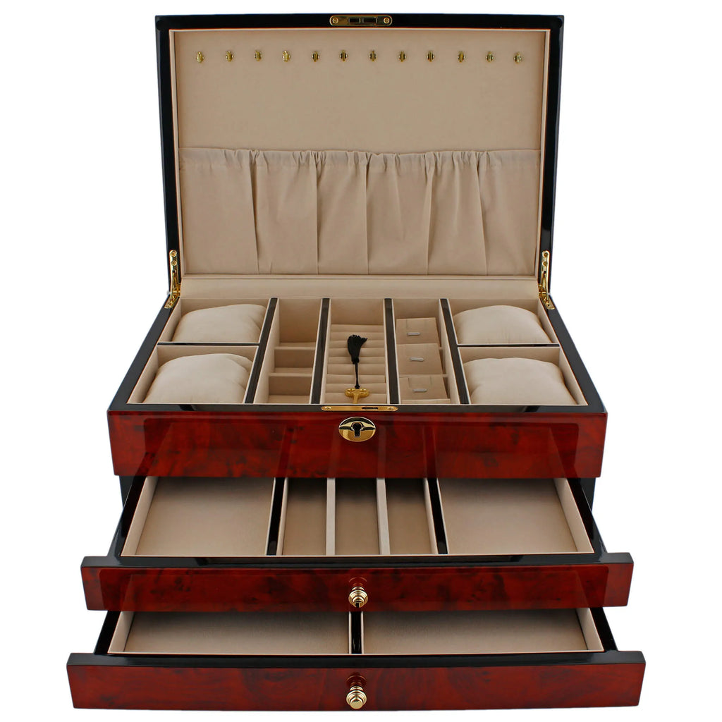 Aevitas extra large camphor finish jewellery box with buscuit lining and multiple compartments.