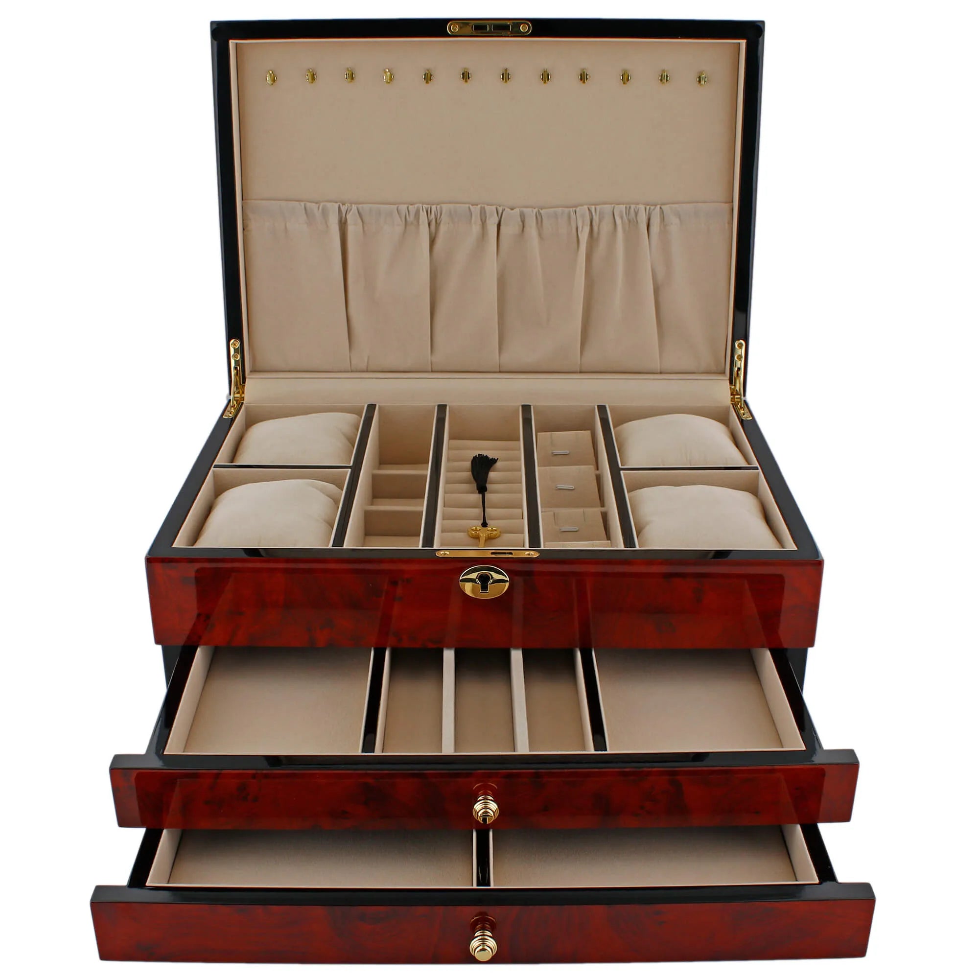 Aevitas extra large camphor finish jewellery box with buscuit lining and multiple compartments.