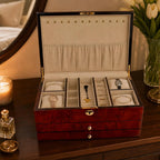 Large premium jewellery box by Aevitas with camphor wood finish and camel lining, shown on a dark wooden surface.