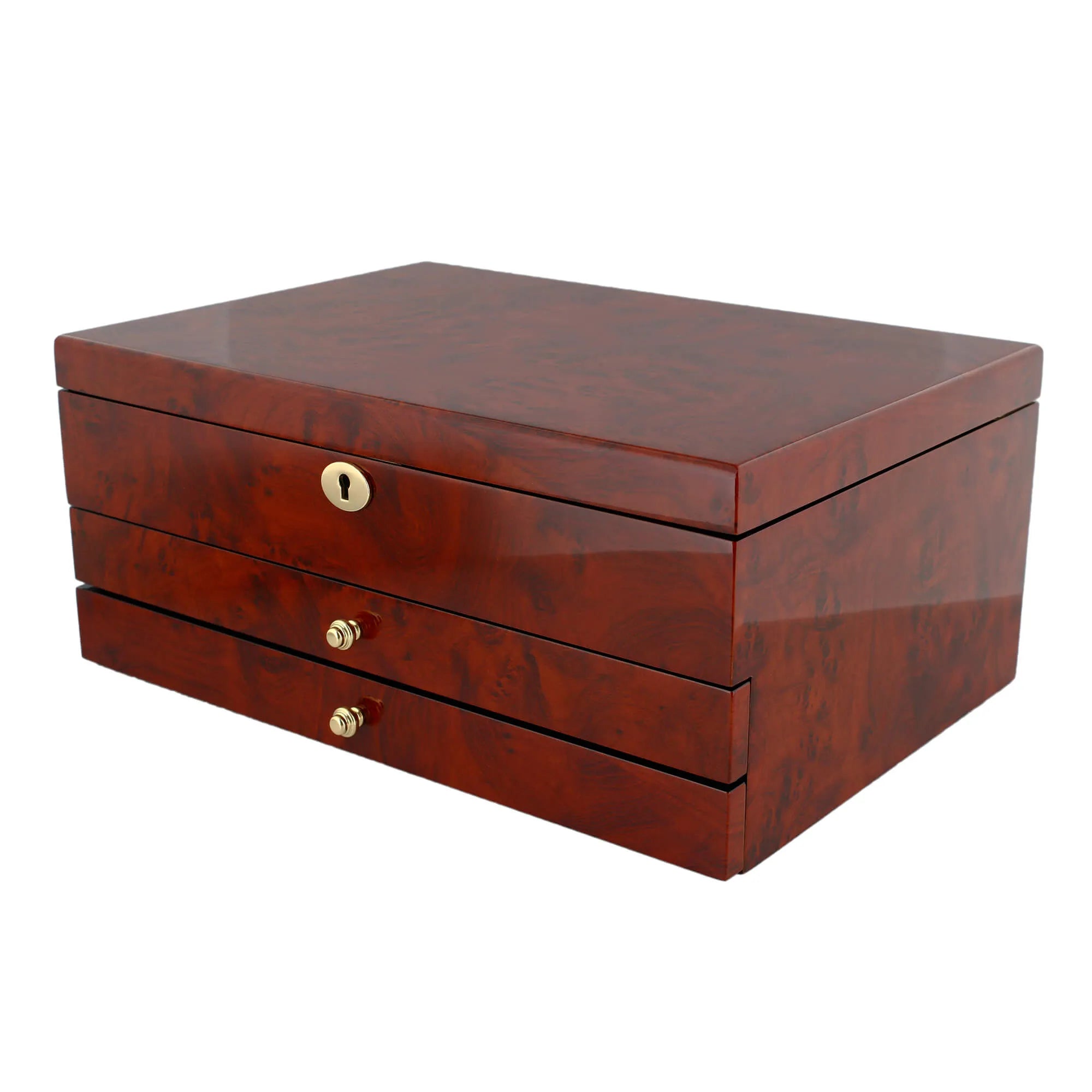 Aevitas extra large camphor finish jewellery box with gold lock and drawer pulls.