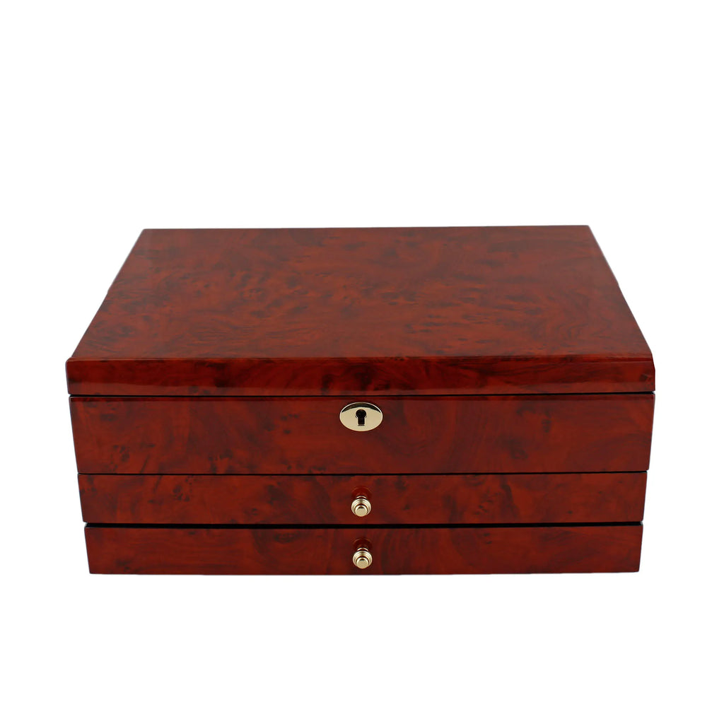 Extra large camphor finish jewellery box with gold lock and two drawer pulls.
