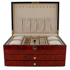 Aevitas extra large camphor finish jewellery box with buscuit lining, multiple compartments, and two drawers.
