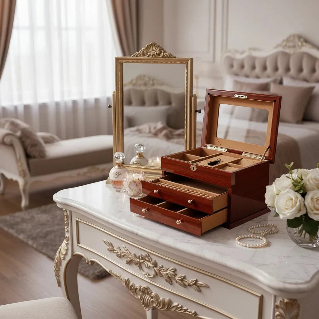 Premium Jewellery Box Extra Large Size Mahogany Wood with Camel Colour Lining by Aevitas