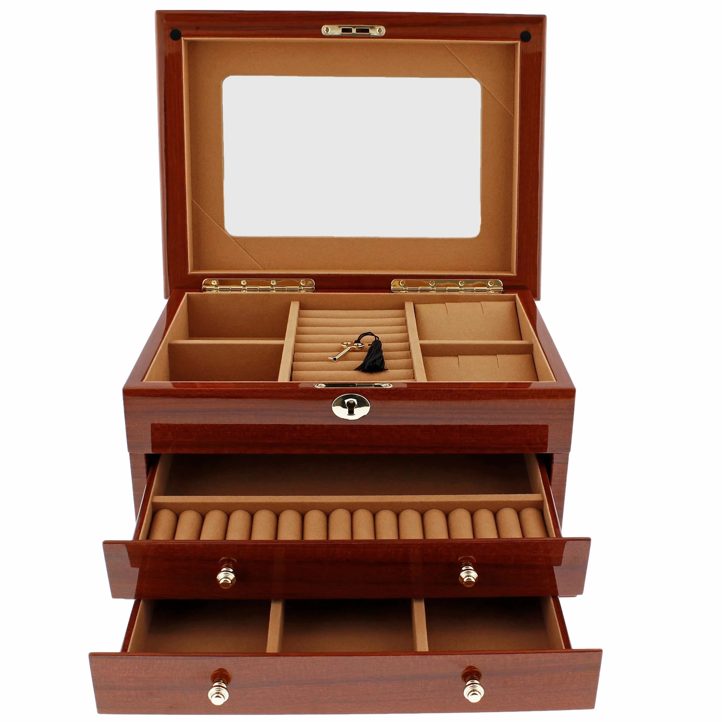 Premium Jewellery Box Extra Large Size Mahogany Wood with Camel Colour Lining by Aevitas