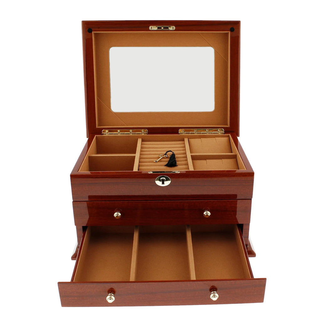 Premium Jewellery Box Extra Large Size Mahogany Wood with Camel Colour Lining by Aevitas