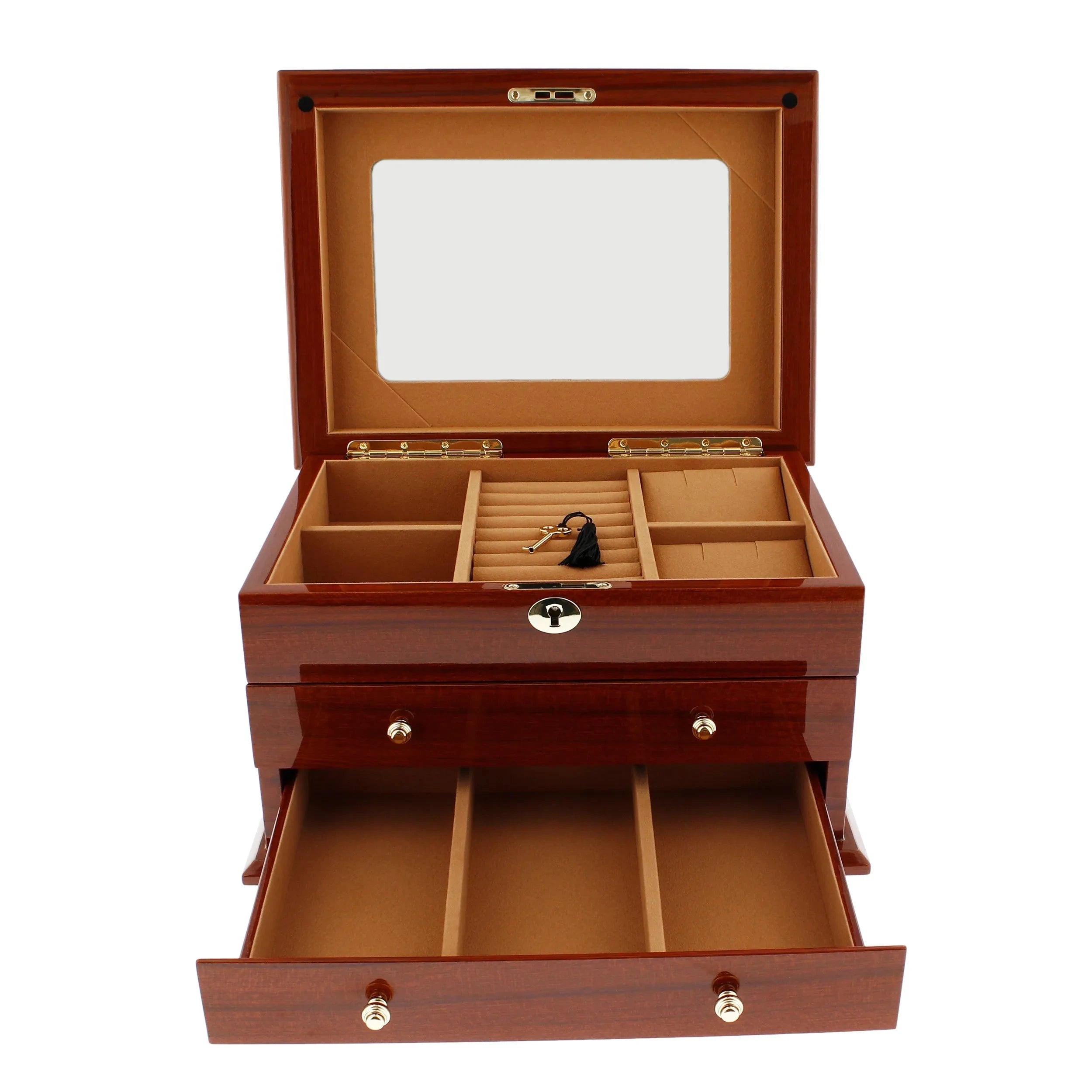 Premium Jewellery Box Extra Large Size Mahogany Wood with Camel Colour Lining by Aevitas