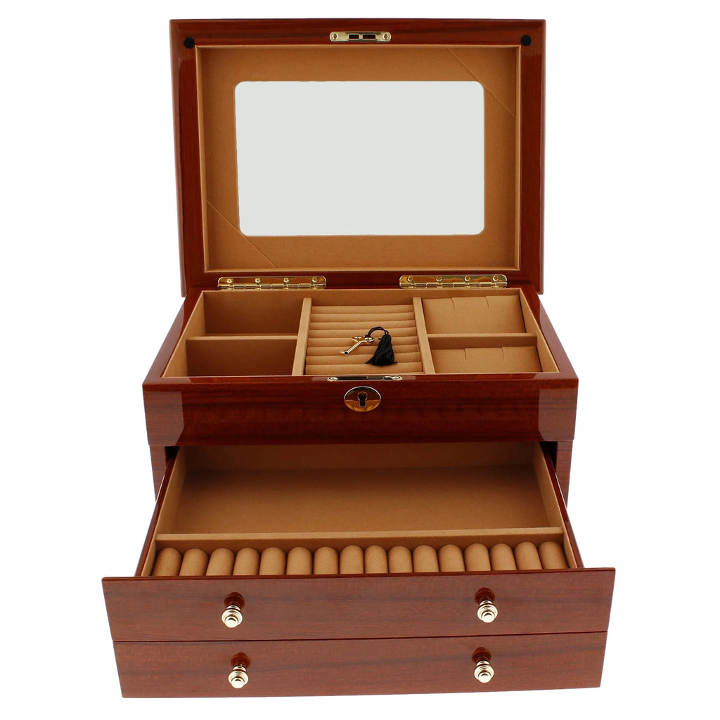 Premium Jewellery Box Extra Large Size Mahogany Wood with Camel Colour Lining by Aevitas