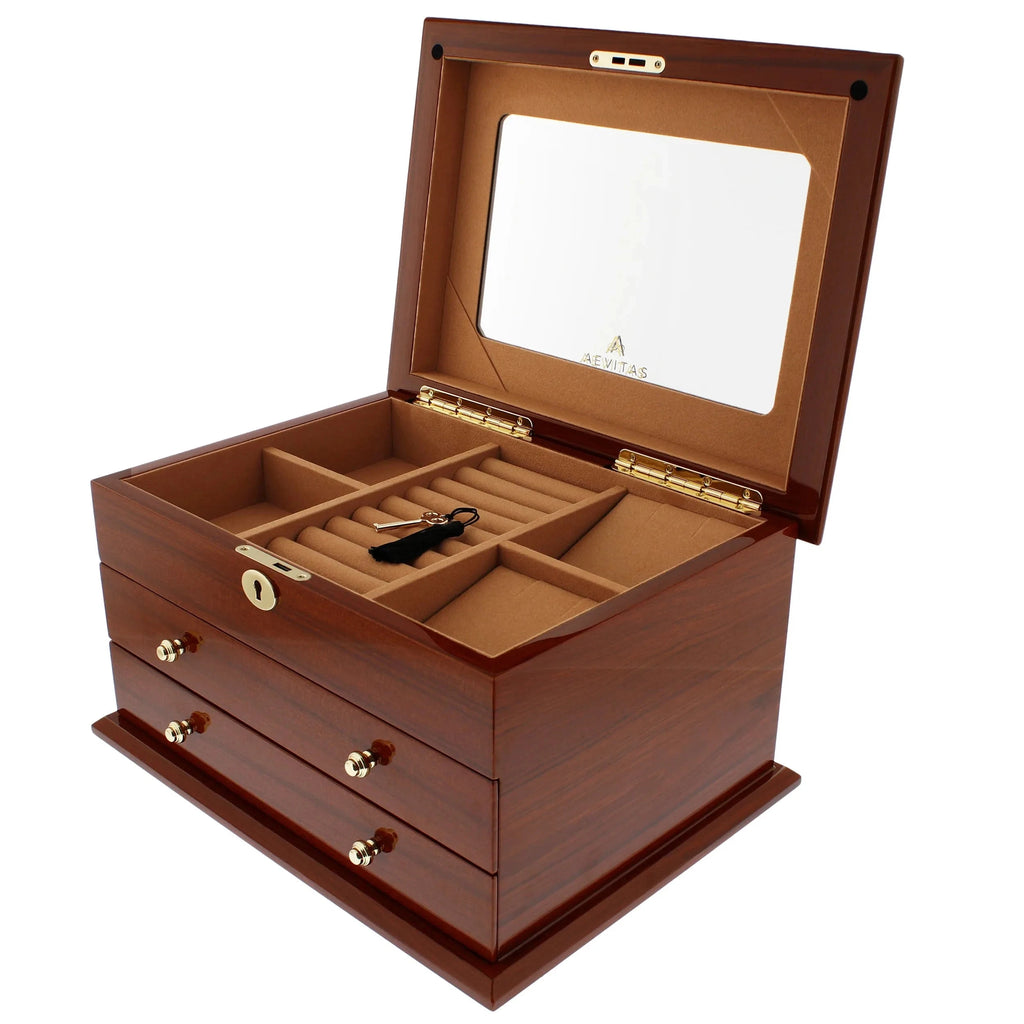 Premium Jewellery Box Extra Large Size Mahogany Wood with Camel Colour Lining by Aevitas