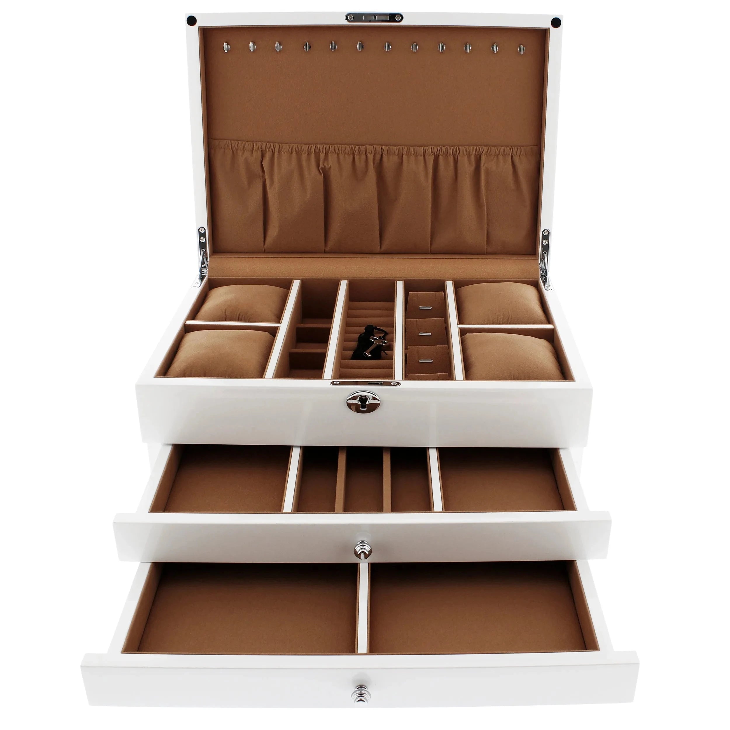 Premium Jewellery Box Extra Large Size White Gloss Finish with Camel Colour Lining by Aevitas