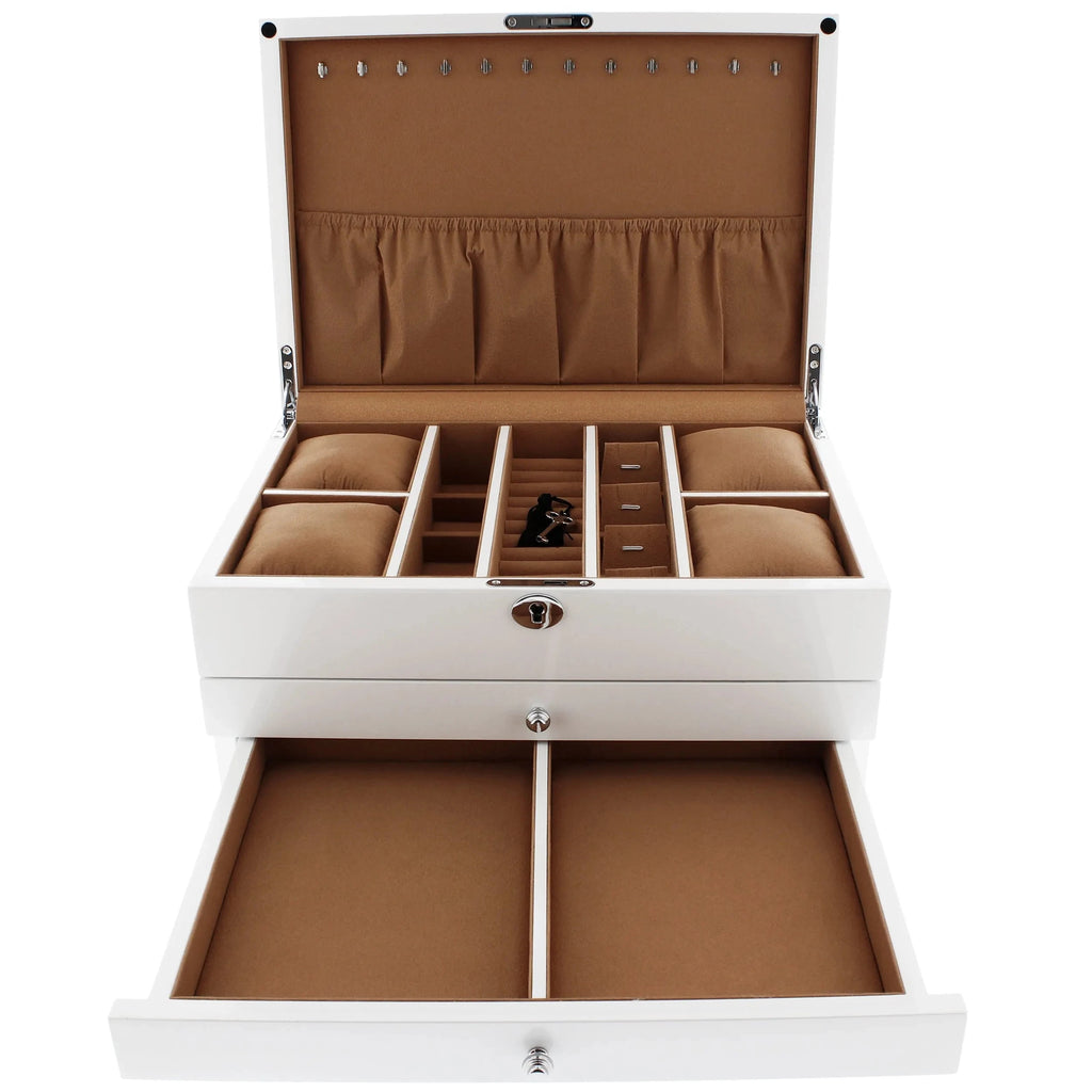 Premium Jewellery Box Extra Large Size White Gloss Finish with Camel Colour Lining by Aevitas