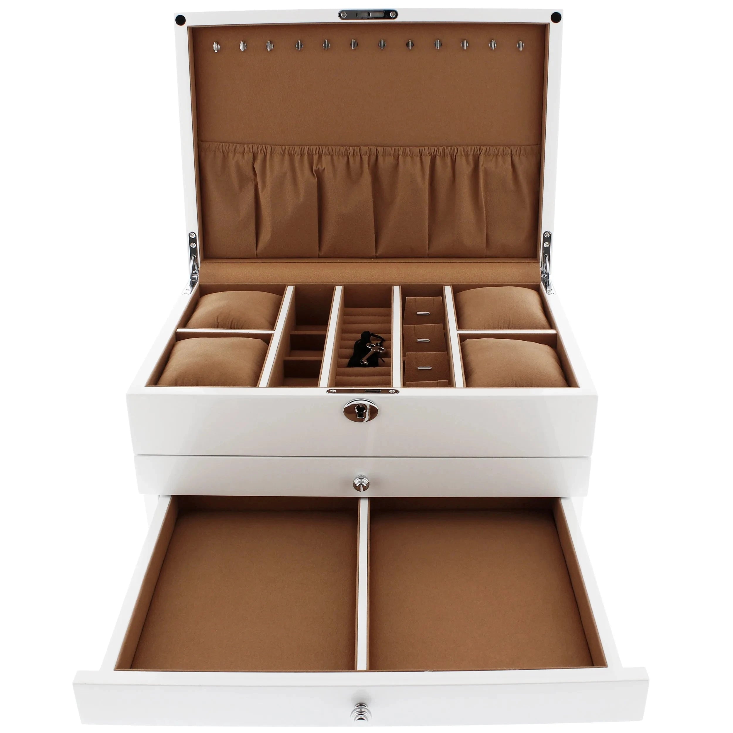 Premium Jewellery Box Extra Large Size White Gloss Finish with Camel Colour Lining by Aevitas