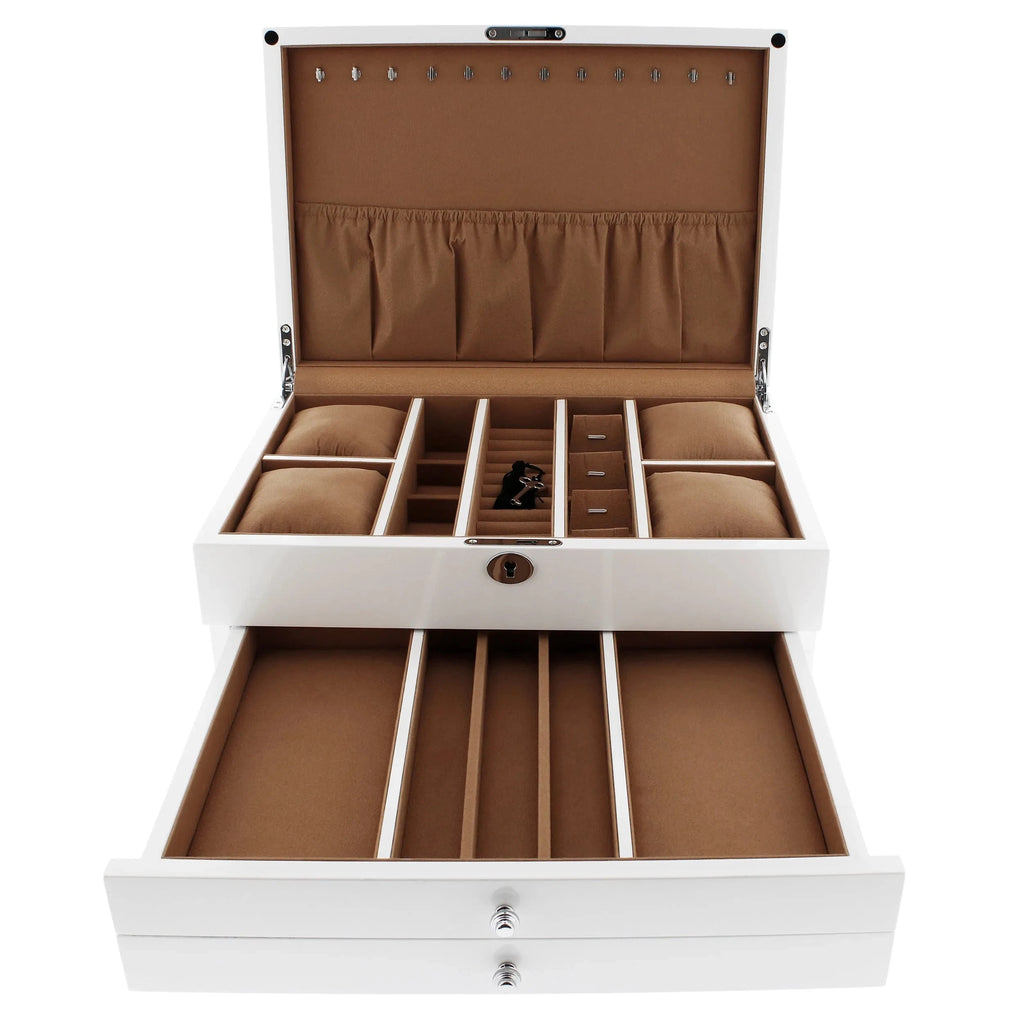 Premium Jewellery Box Extra Large Size White Gloss Finish with Camel Colour Lining by Aevitas