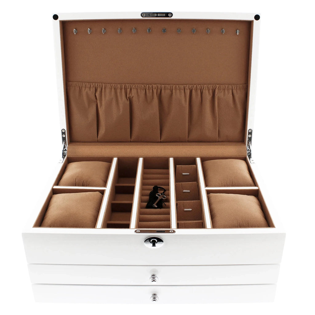 Premium Jewellery Box Extra Large Size White Gloss Finish with Camel Colour Lining by Aevitas