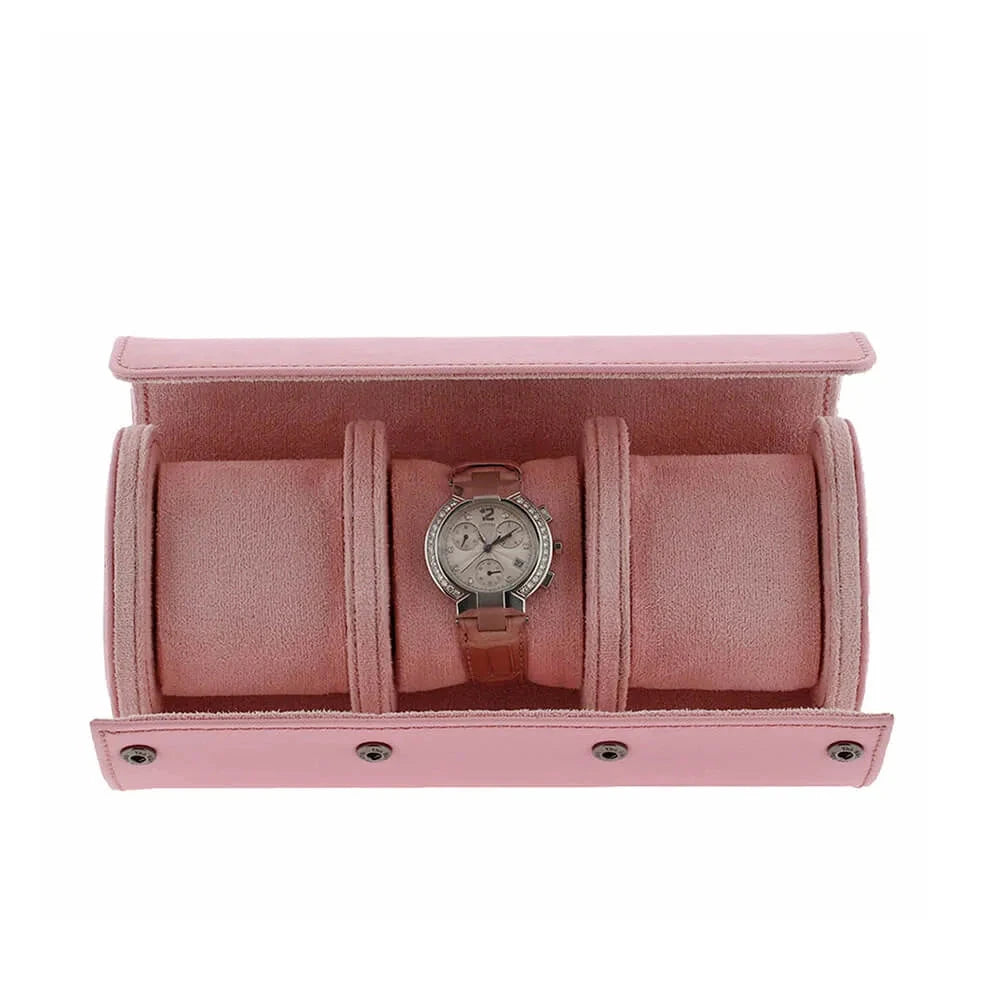 Premium Ladies 3 Watch Roll Pink Saffiano Leather with Soft Lining