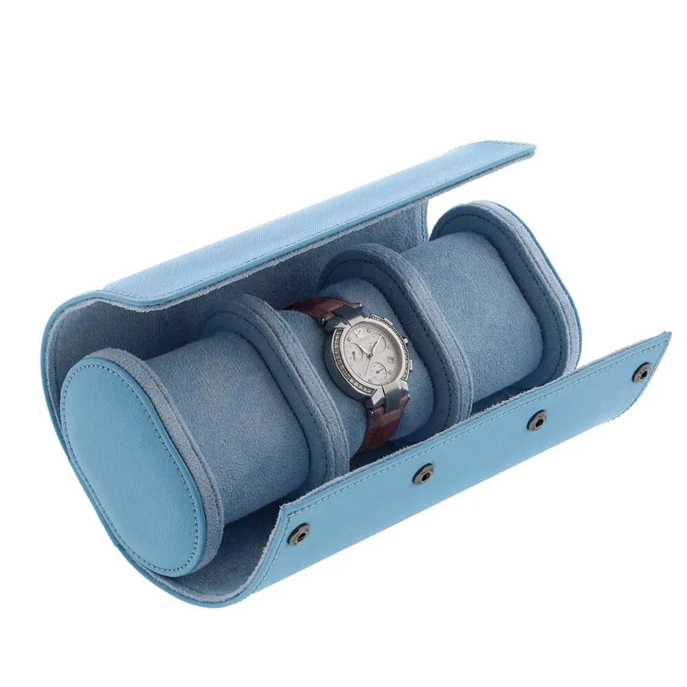 Premium Ladies 3 Watch Roll in Blue Saffiano Leather with Soft Lining