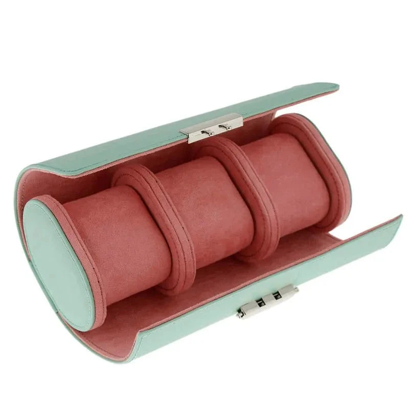Premium Ladies 3 Watch Roll in Tiffany Blue Saffiano Leather Soft Pink Lining