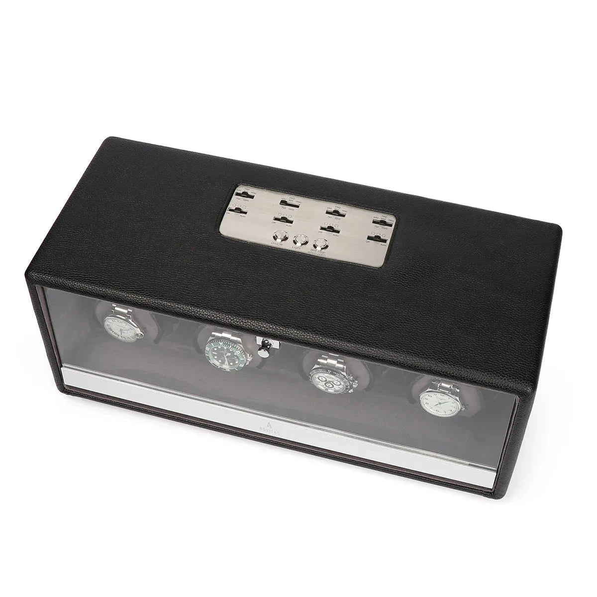 Premium Quad Watch Winder Black Genuine Leather Mains Powered by Aevitas