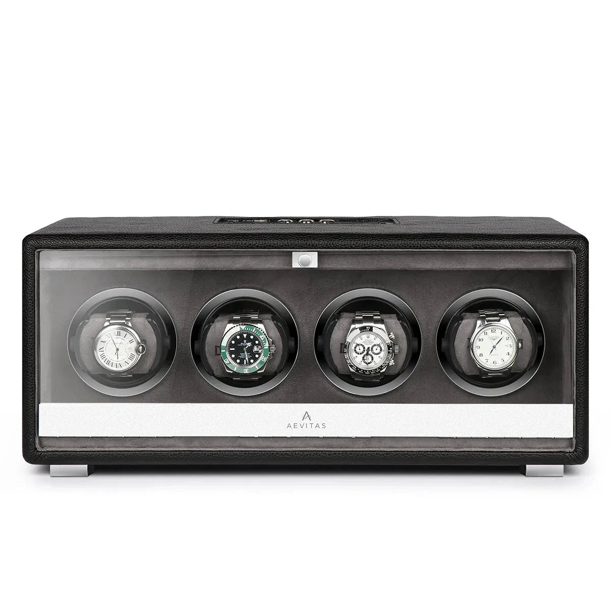 Premium Quad Watch Winder Black Genuine Leather Mains Powered by Aevitas