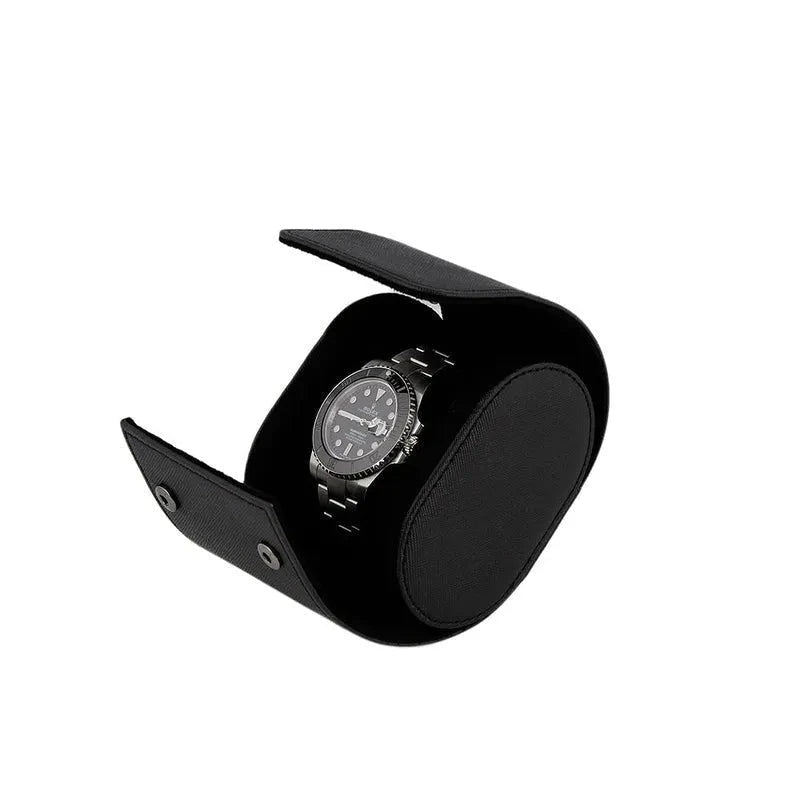 Premium Single Watch Roll in Black Saffiano Leather Super Soft Black Lining