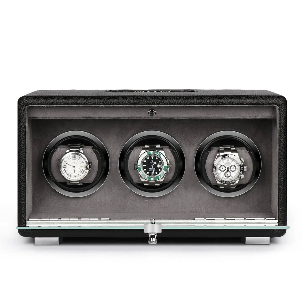 Premium Triple Watch Winder Black Genuine Leather Mains Powered by Aevitas