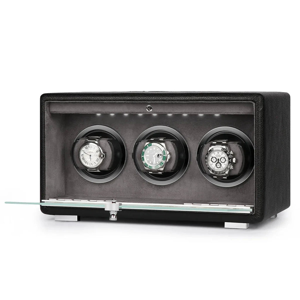 Premium Triple Watch Winder Black Genuine Leather Mains Powered by Aevitas